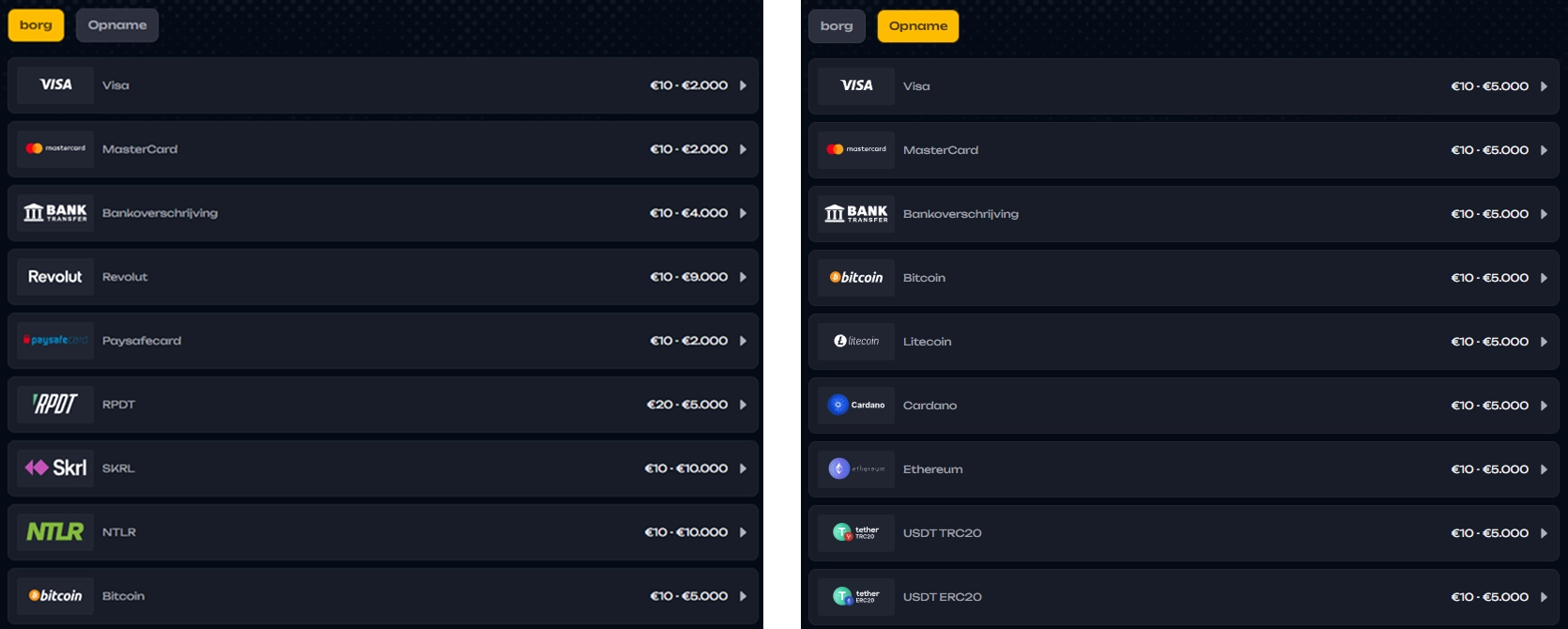 Overzicht van beschikbare fiat en crypto betaalmethoden bij X3Bet Casino