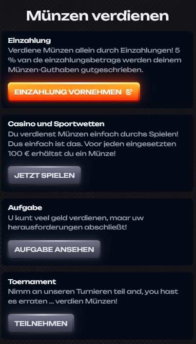 Différentes façons de gagner des Coins sur X3Bet avec les dépôts, les jeux, les missions et les tournois